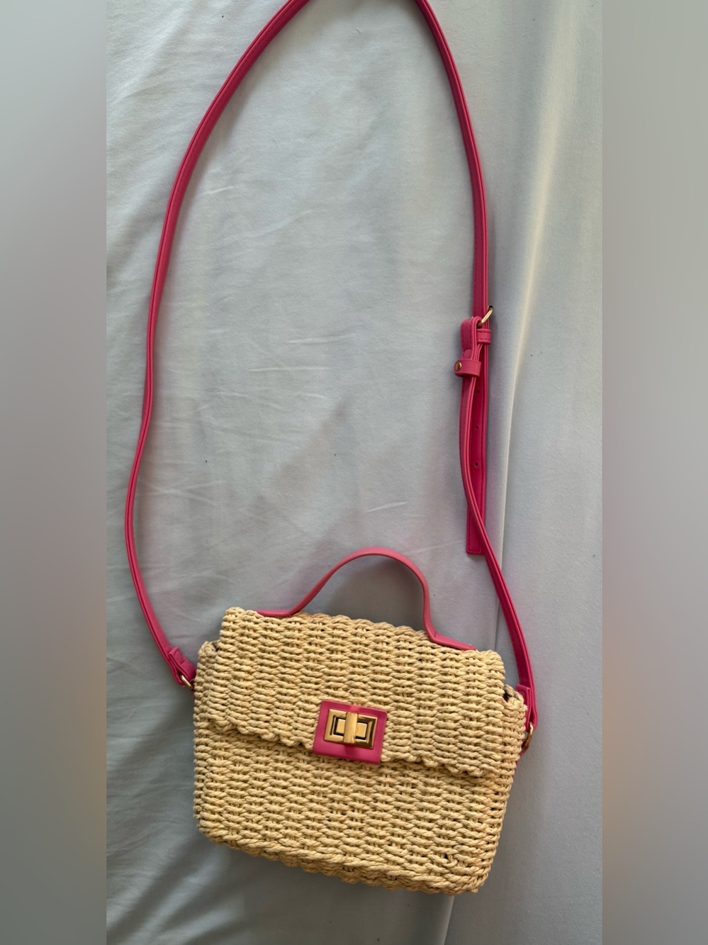 Forever 21 Straw Crossbody Bag Pink Trim Summer Beach Purse
